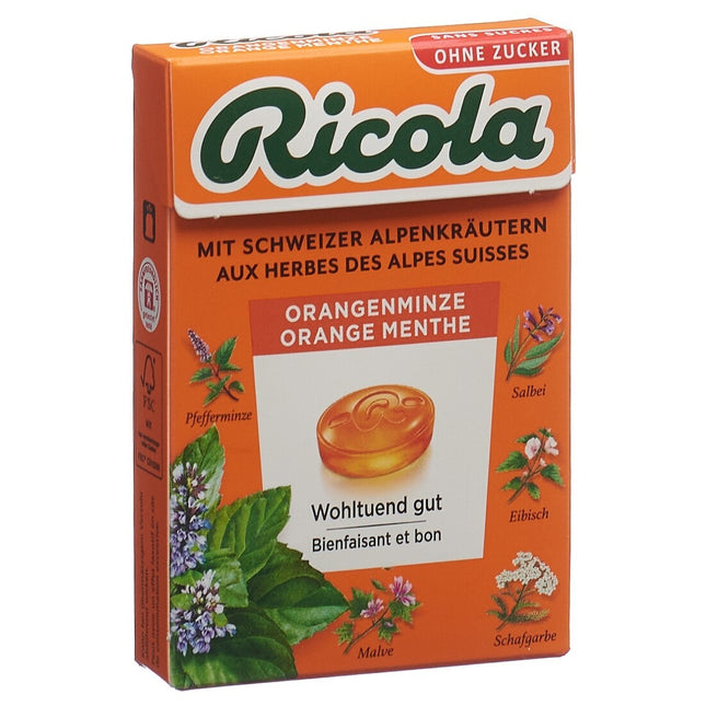 Ricola Orangen-Minze Kräuterbonbons ohne Zucker mit Stevia Box 50 g