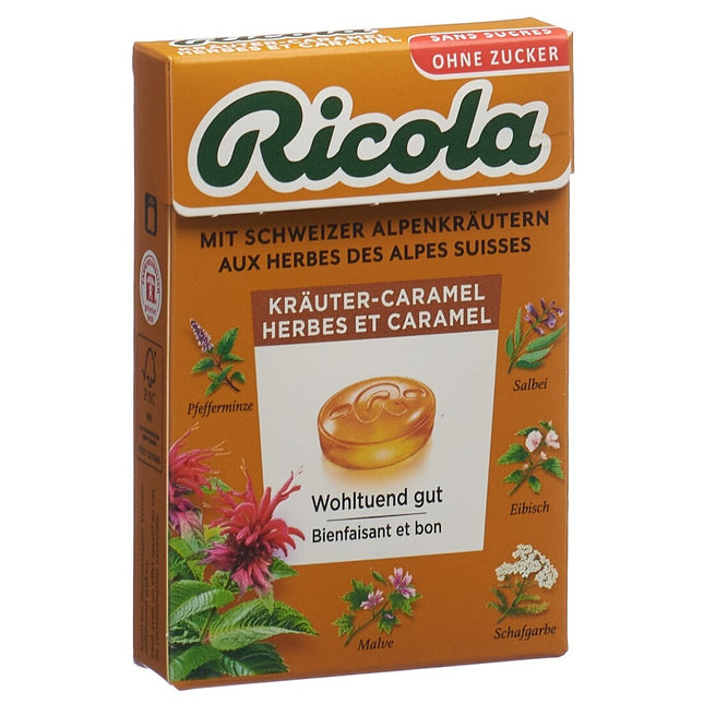 Ricola Kräuterbonbons Kräuter Caramel ohne Zucker mit Stevia Box 50 g
