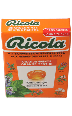 Ricola Orangen-Minze Kräuterbonbons ohne Zucker mit Stevia Box 50 g